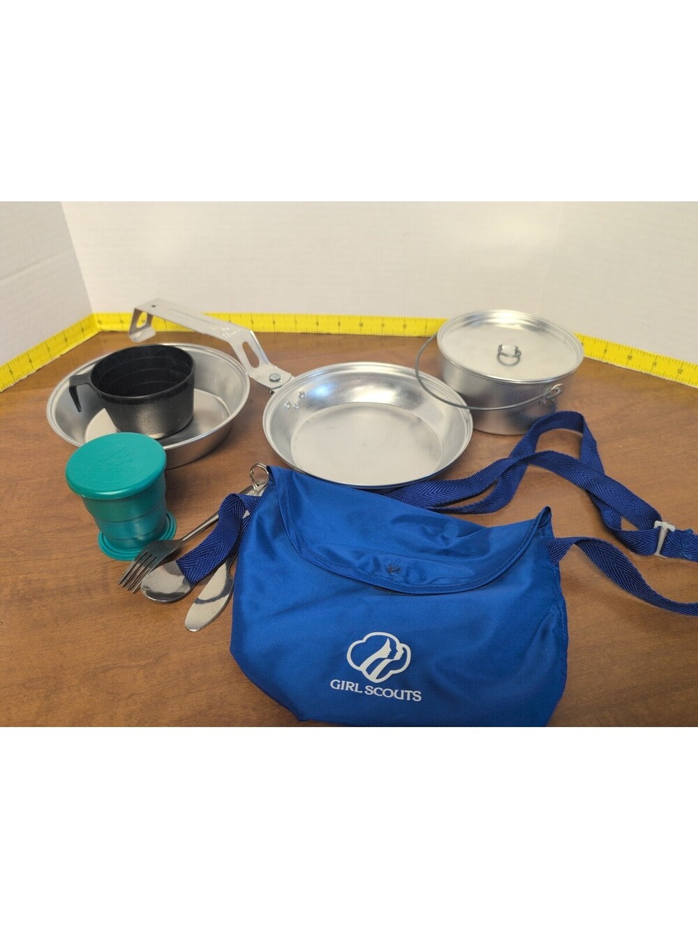 Vintage Girl Scouts of America Camping Mess Kit w cloth carrying bag & utensils
